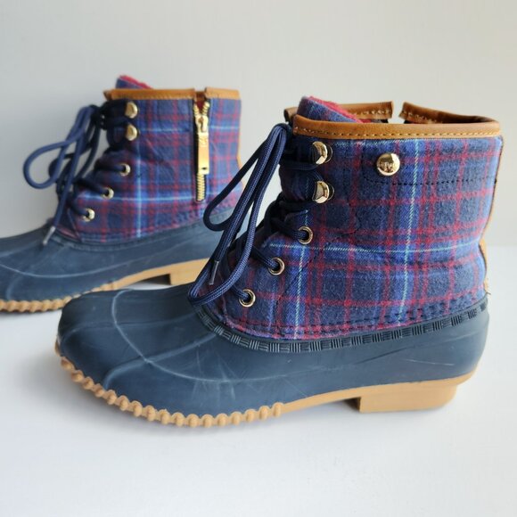 Tommy Hilfiger ROAN Size 9 Navy Plaid Lace Up Duck Boot Faux Fur Lined Rain Boot - Picture 7 of 11